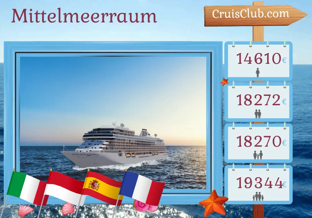 Kreuzfahrt im Mittelmeer von Civitavecchia nach Southampton an Bord des Schiffes Seven Seas Grandeur mit Besuchen in Italien, Monaco, Spanien und Frankreich für 14 Tage