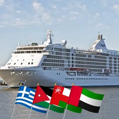 Cruise in the Suez Canal from Piraeus to Dubai aboard Seven Seas Voyager ship with visits to Greece, Egypt, Jordan, Saudi Arabia, Oman, and United Arab Emirates for 22 days