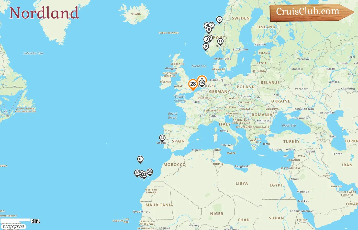 Crucero en el Norte desde Róterdam a Dover a bordo del barco Nieuw Statendam con visitas a Noruega, Portugal y España durante 28 días
