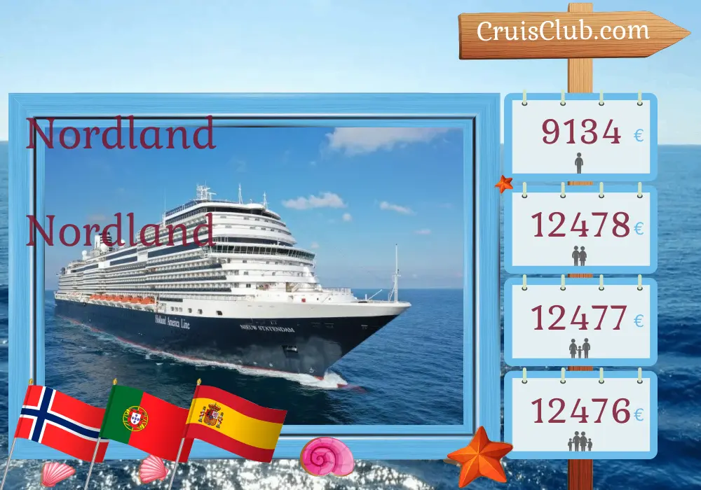 Cruzeiro no Norte de Roterdã para Dover a bordo do navio Nieuw Statendam com visitas à Noruega, Portugal e Espanha por 28 dias