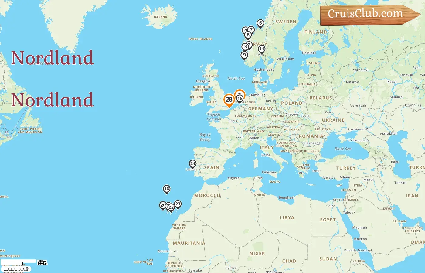 Cruzeiro no Norte de Roterdã para Dover a bordo do navio Nieuw Statendam com visitas à Noruega, Portugal e Espanha por 28 dias