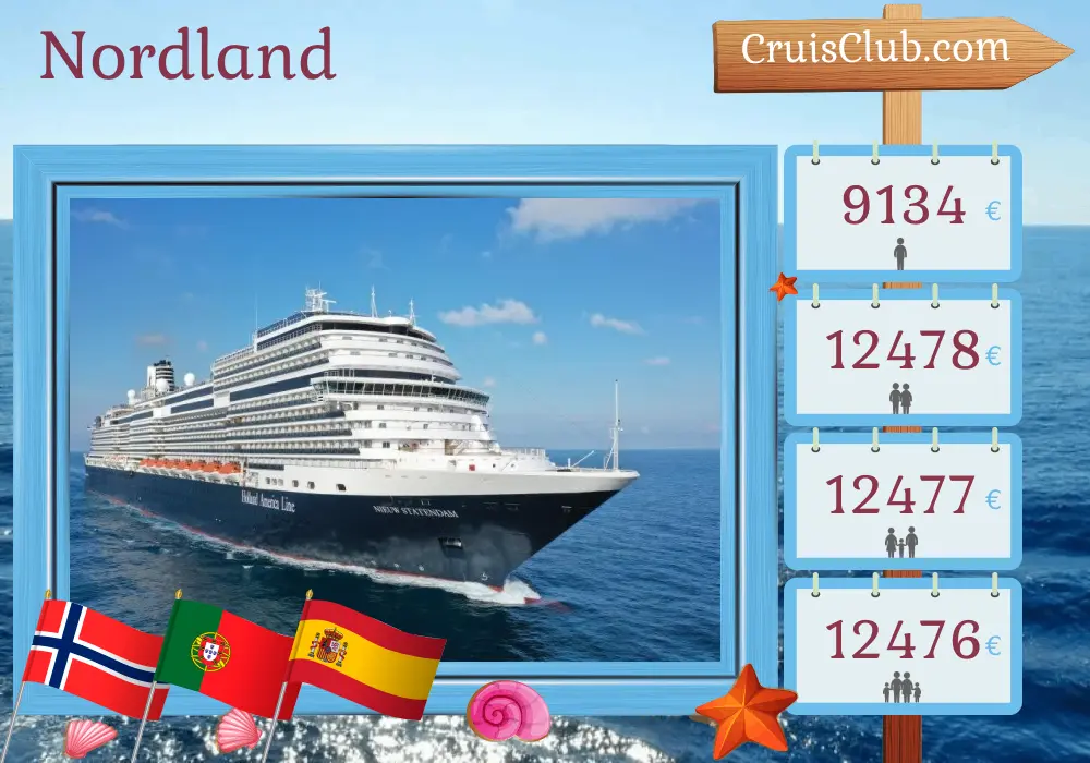 Croisière dans le Nordland de Rotterdam à Douvres à bord du navire Nieuw Statendam avec des escales en Norvège, au Portugal et en Espagne pendant 28 jours
