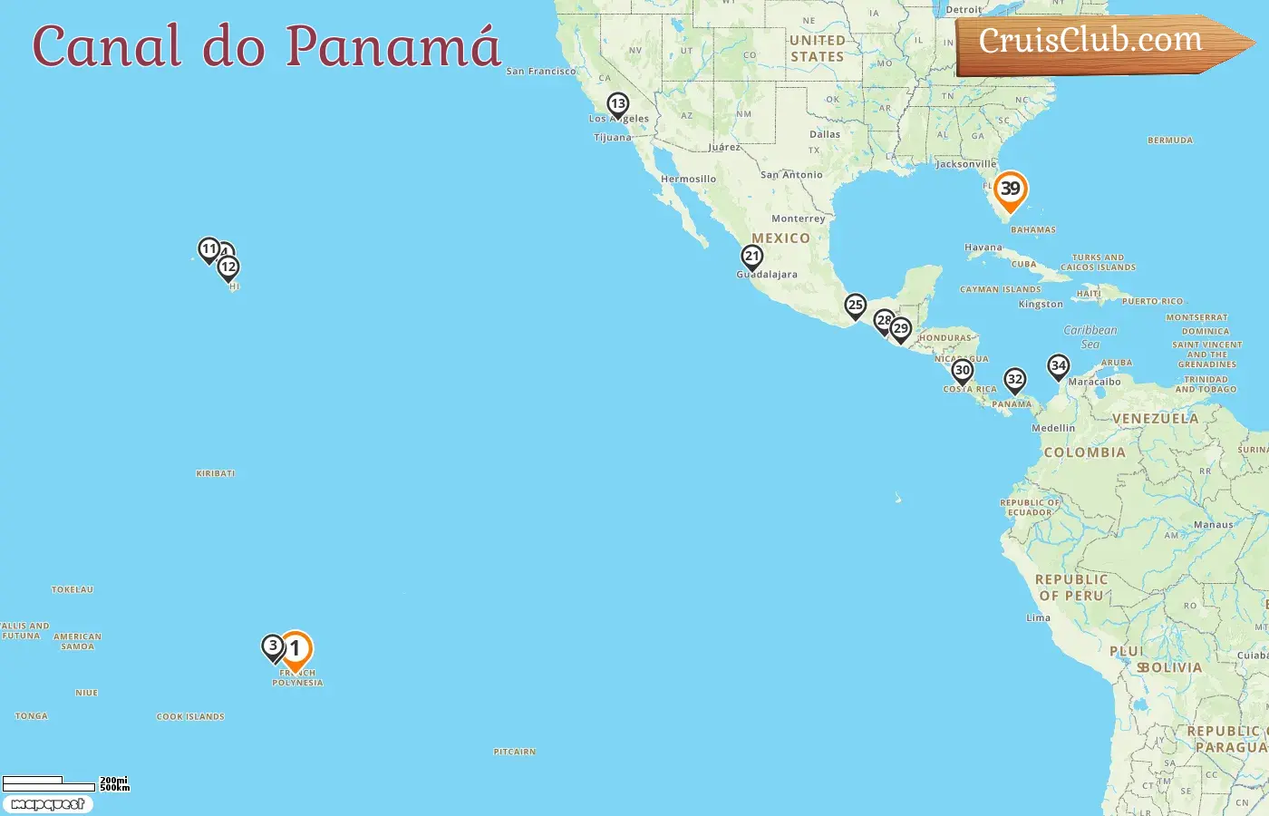 Cruzeiro no Canal do Panamá de Papeete a Miami a bordo do navio Seabourn Quest com visitas à Polinésia Francesa, EUA, México, Guatemala, Costa Rica, Panamá e Colômbia por 39 dias