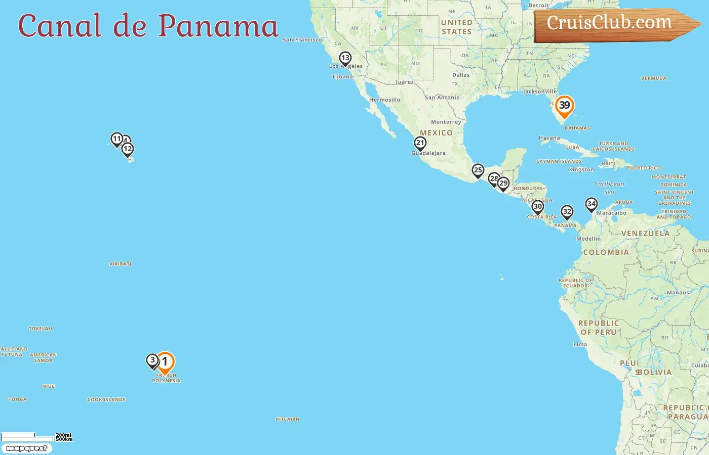 Croisière dans le canal de Panama de Papeete à Miami à bord du navire Seabourn Quest avec des visites en Polynésie française, aux États-Unis, au Mexique, au Guatemala, au Costa Rica, au Panama et en Colombie pendant 39 jours