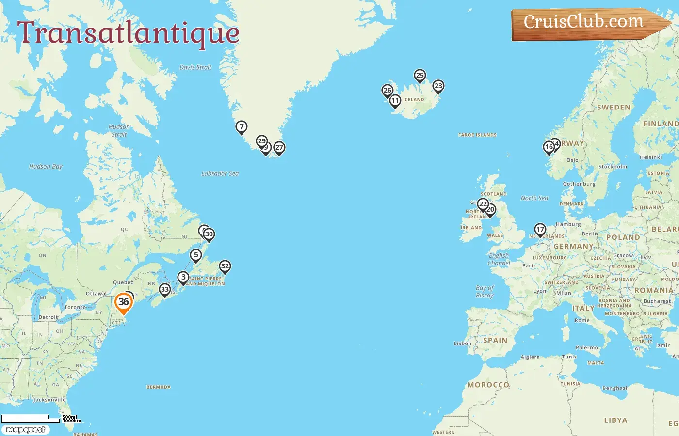 Croisière en Transatlantique au départ de Boston à bord du navire Zuiderdam avec des escales aux États-Unis, au Canada, au Groenland, en Norvège, à l`île de Man et en Islande pendant 36 jours