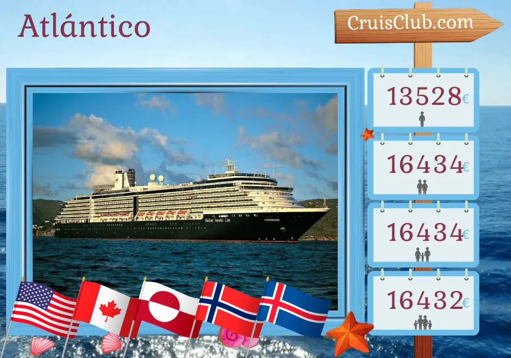 Crucero Transatlántico desde Boston a bordo del barco Zuiderdam con visitas a EE. UU., Canadá, Groenlandia, Noruega, Isla de Man e Islandia durante 36 días