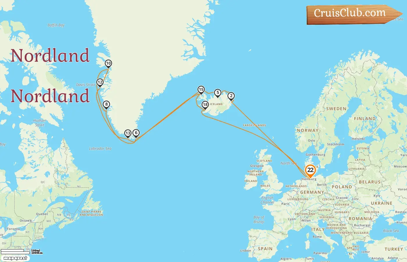 Cruzeiro no Norte a partir de Hamburgo a bordo do navio AIDAluna com visitas à Alemanha e à Gronelândia por 22 dias