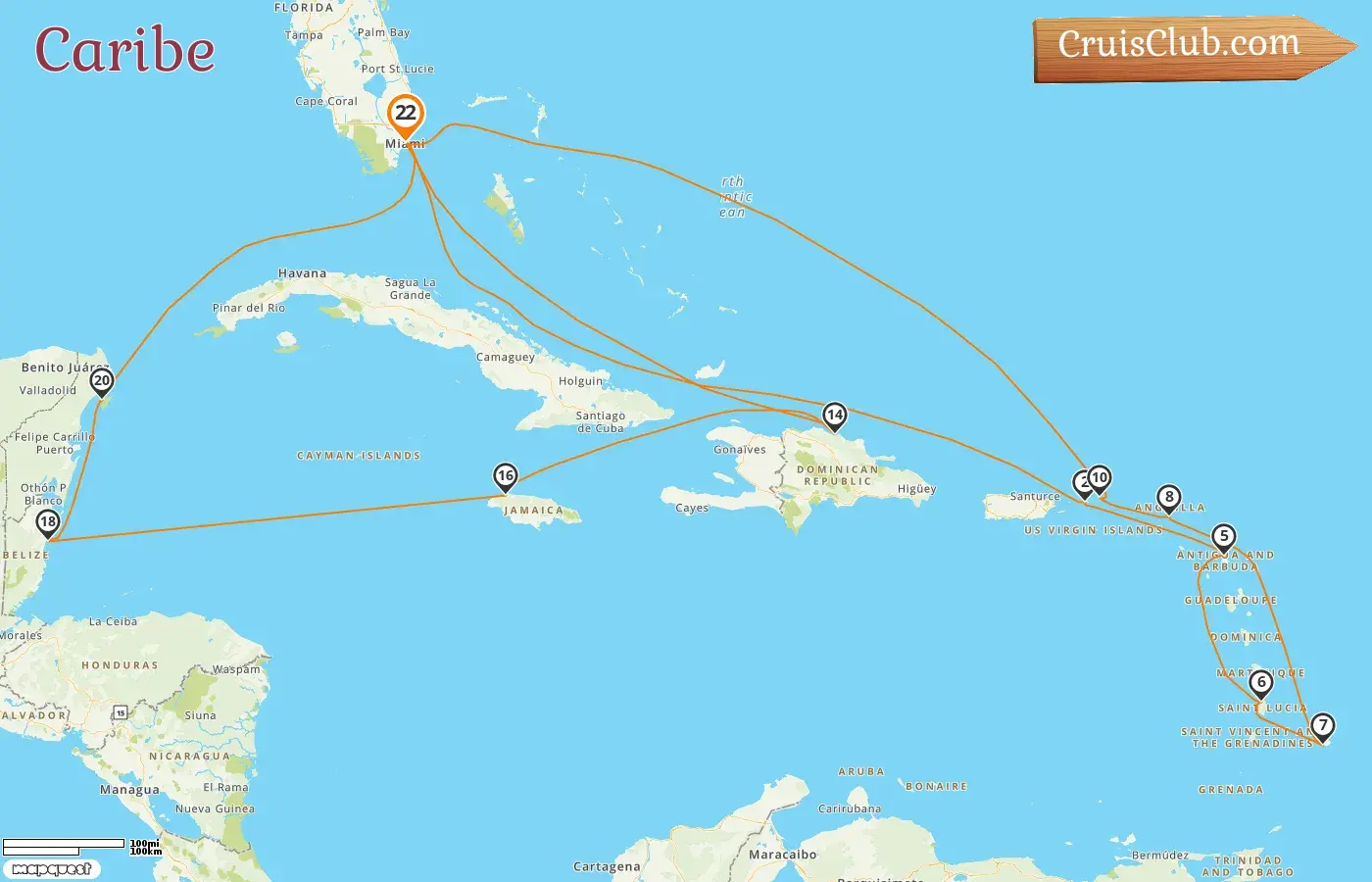Crucero por el Caribe desde Miami a bordo del barco Queen Elizabeth con visitas a Estados Unidos, Barbados, República Dominicana, Jamaica, Belice y México durante 22 días