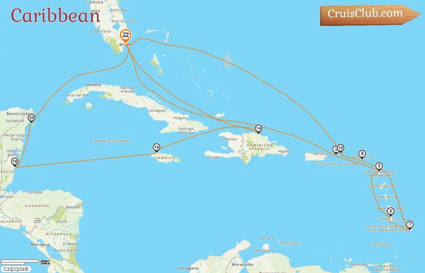 Cruise in the Caribbean from Miami aboard Queen Elizabeth ship with visits to USA, Barbados, Dominican Republic, Jamaica, Belize, and Mexico for 22 days