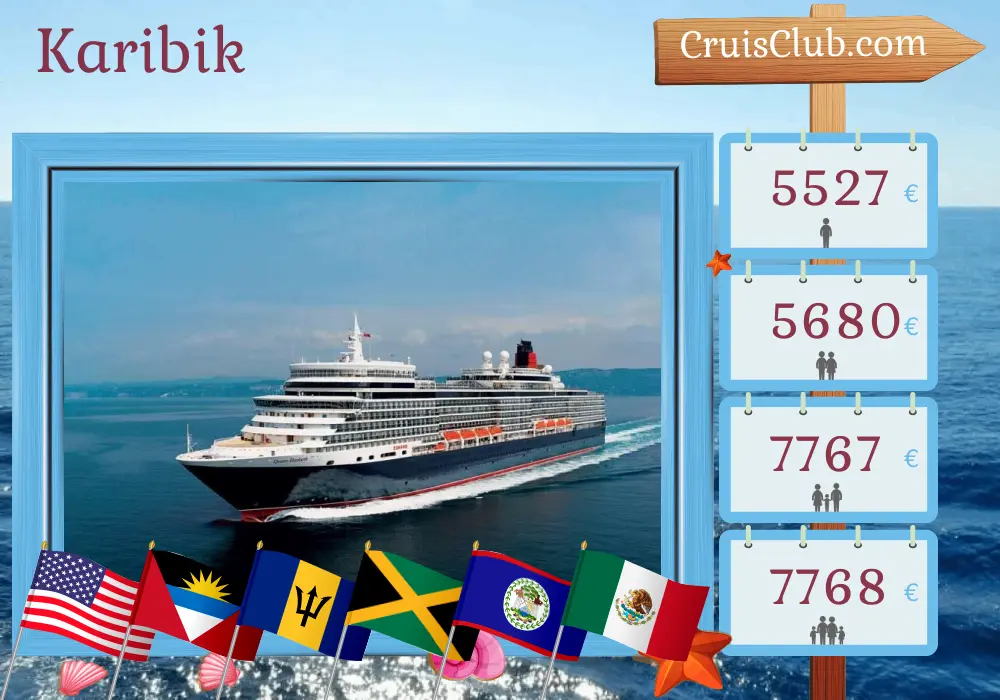 Kreuzfahrt in der Karibik ab Miami an Bord des Schiffes Queen Elizabeth mit Stopps in den USA, Barbados, der Dominikanischen Republik, Jamaika, Belize und Mexiko für 22 Tage