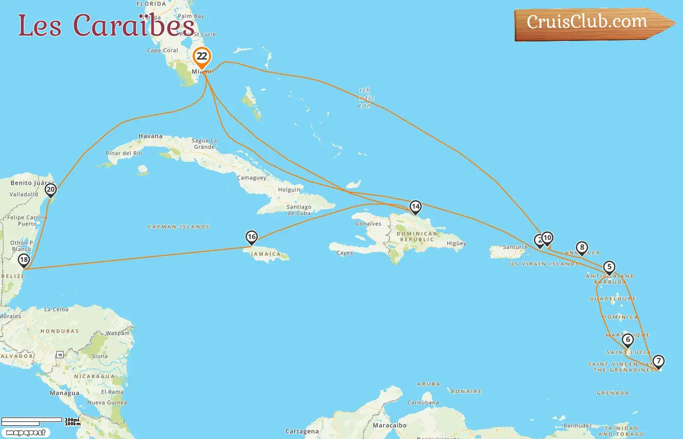 Croisière dans les Caraïbes depuis Miami à bord du navire Queen Elizabeth avec escales aux États-Unis, à la Barbade, en République dominicaine, en Jamaïque, au Belize et au Mexique pendant 22 jours