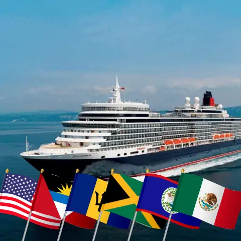 Cruise in the Caribbean from Miami aboard Queen Elizabeth ship with visits to USA, Barbados, Dominican Republic, Jamaica, Belize, and Mexico for 22 days