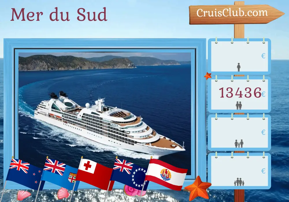 Croisière dans le Pacifique Sud de Auckland à Papeete à bord du navire Seabourn Quest avec des visites en Nouvelle-Zélande, aux Fidji, aux Tonga, aux îles Cook et en Polynésie française pendant 16 jours