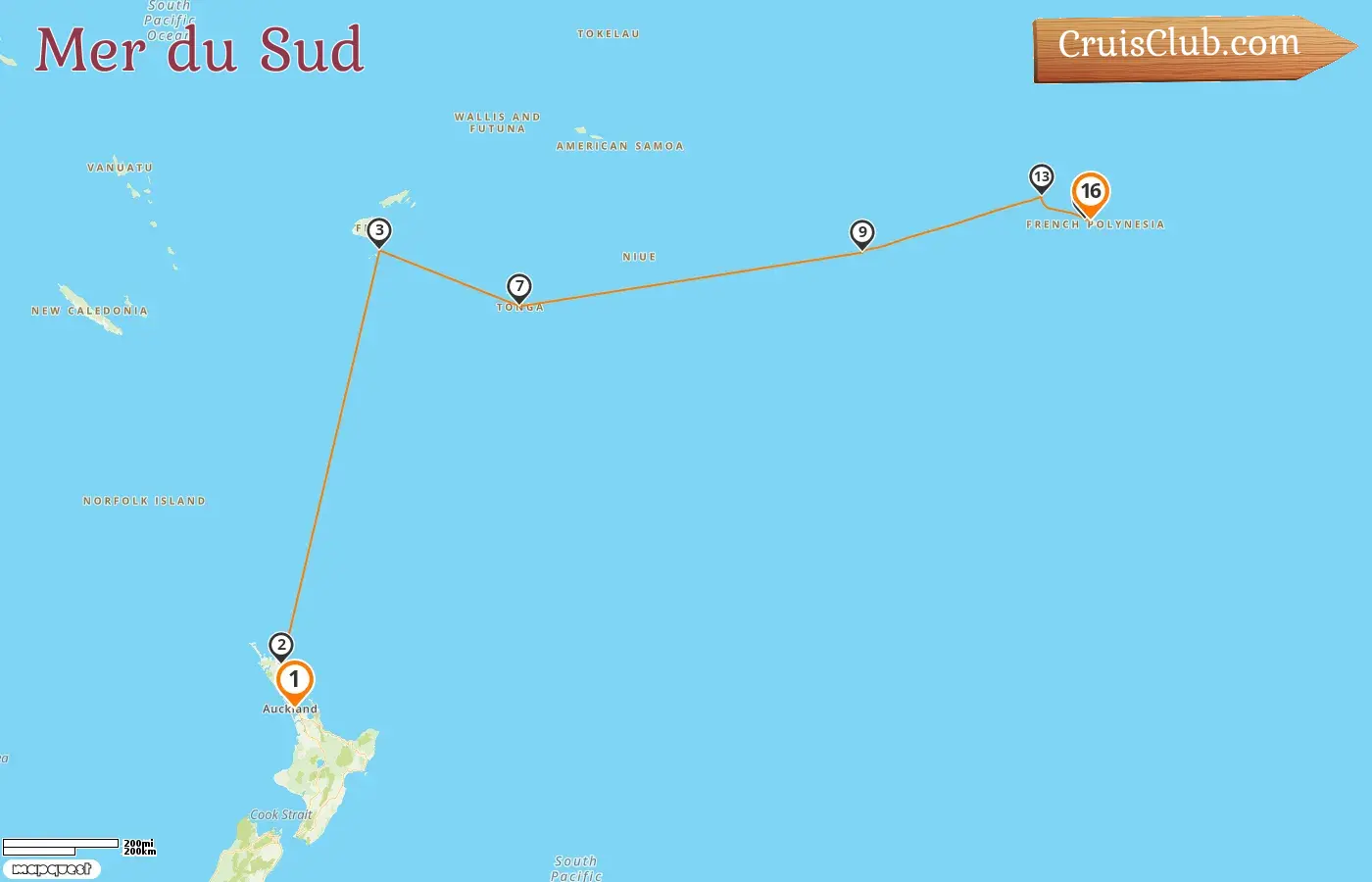Croisière dans le Pacifique Sud de Auckland à Papeete à bord du navire Seabourn Quest avec des visites en Nouvelle-Zélande, aux Fidji, aux Tonga, aux îles Cook et en Polynésie française pendant 16 jours