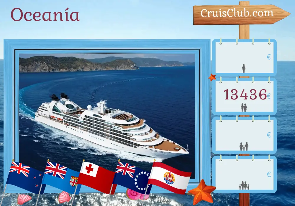 Crucero en el Pacífico Sur desde Auckland a Papeete a bordo del barco Seabourn Quest con visitas a Nueva Zelanda, Fiji, Tonga, Islas Cook y Polinesia Francesa durante 16 días