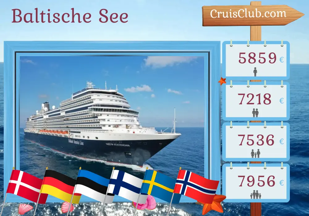 Kreuzfahrt in der Ostsee ab Dover mit dem Schiff Nieuw Statendam mit Stopps in Dänemark, Deutschland, Estland, Finnland, Schweden und Norwegen für 15 Tage