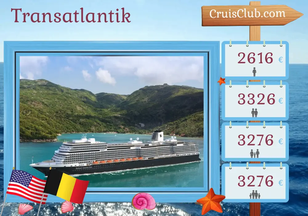 Kreuzfahrt im Transatlantik von Fort Lauderdale nach Rotterdam an Bord des Schiffes Rotterdam mit Stopps in den USA und Belgien für 15 Tage
