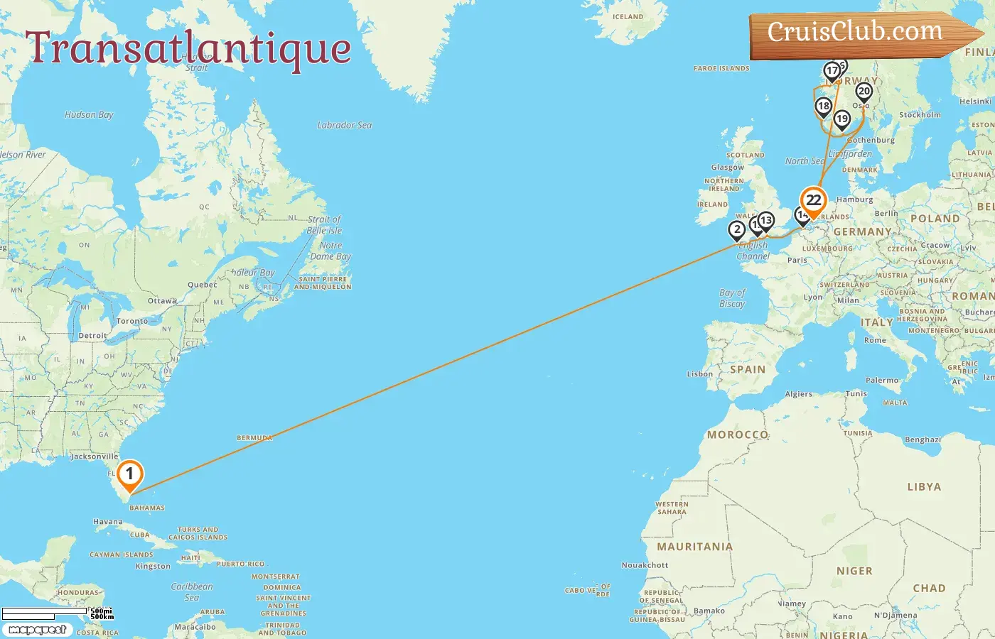Croisière Transatlantique de Fort Lauderdale à Rotterdam à bord du navire Rotterdam avec arrêts aux États-Unis, en Belgique et en Norvège pendant 22 jours