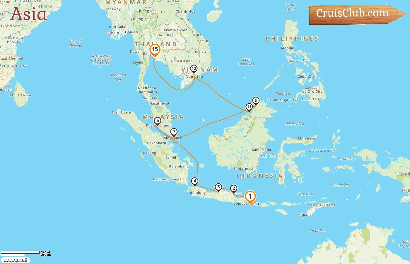 Cruise in the Asia from Benoa to Laem Chabang aboard Seven Seas Explorer ship with visits to Indonesia, Malaysia, Singapore, Brunei Darussalam, Viet Nam, and Thailand for 15 days