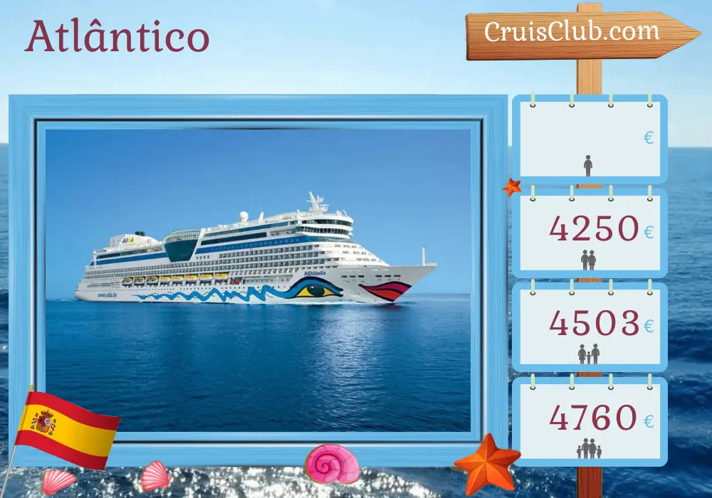 Cruzeiro no Atlântico de Puerto del Rosario para Palma a bordo do navio AIDAbella com visitas a Espanha e Marrocos por 13 dias