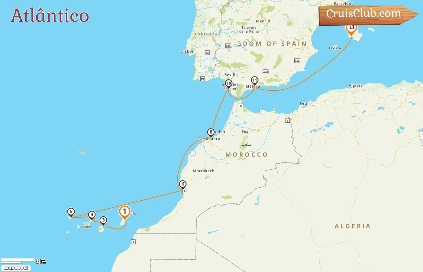 Cruzeiro no Atlântico de Puerto del Rosario para Palma a bordo do navio AIDAbella com visitas a Espanha e Marrocos por 13 dias