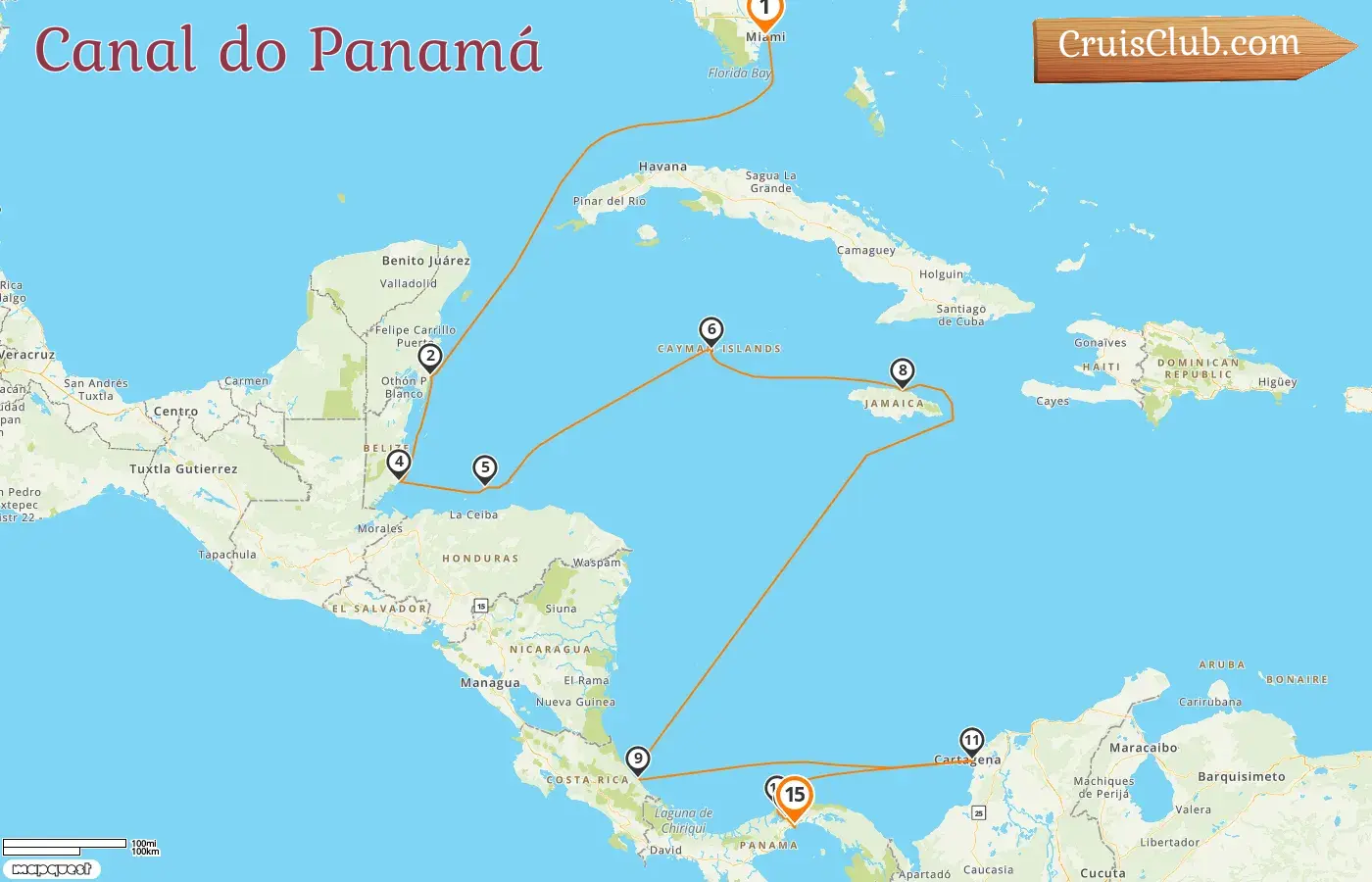 Cruzeiro no Canal do Panamá de Miami para a Cidade do Panamá a bordo do navio Seven Seas Grandeur com visitas aos EUA, México, Belize, Honduras, Ilhas Cayman, Jamaica, Costa Rica, Colômbia e Panamá por 15 dias