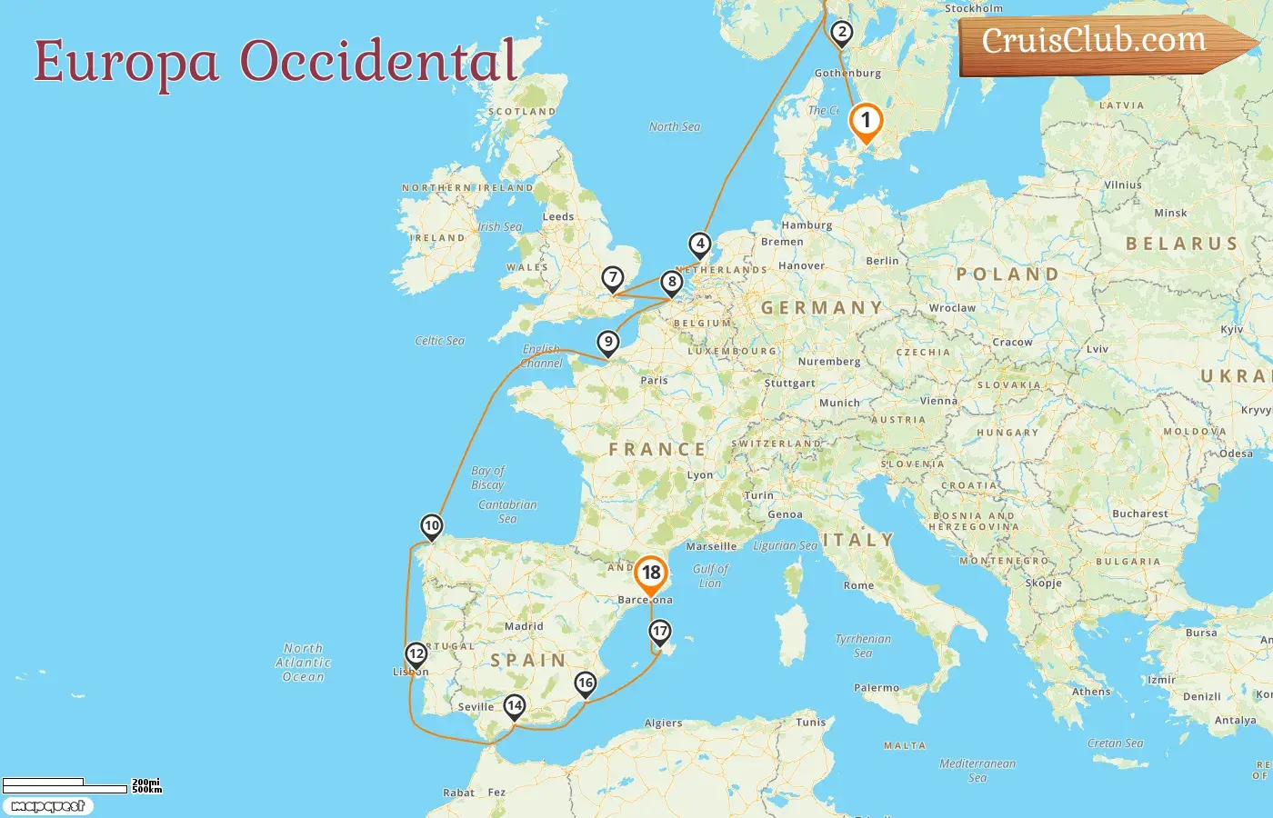 Crucero en Europa Occidental de Copenhague a Barcelona a bordo del barco Seven Seas Voyager con visitas a Dinamarca, Suecia, Noruega, Países Bajos, Bélgica, Francia y España durante 18 días