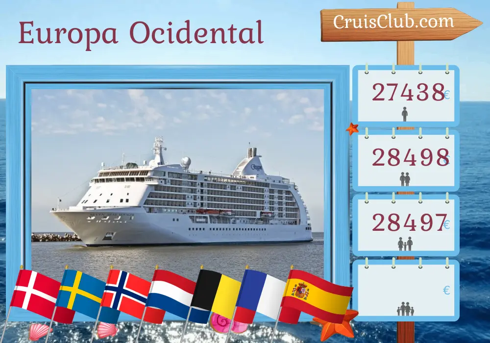 Cruzeiro na Europa Ocidental de Copenhague a Barcelona a bordo do navio Seven Seas Voyager com visitas à Dinamarca, Suécia, Noruega, Holanda, Bélgica, França e Espanha por 18 dias