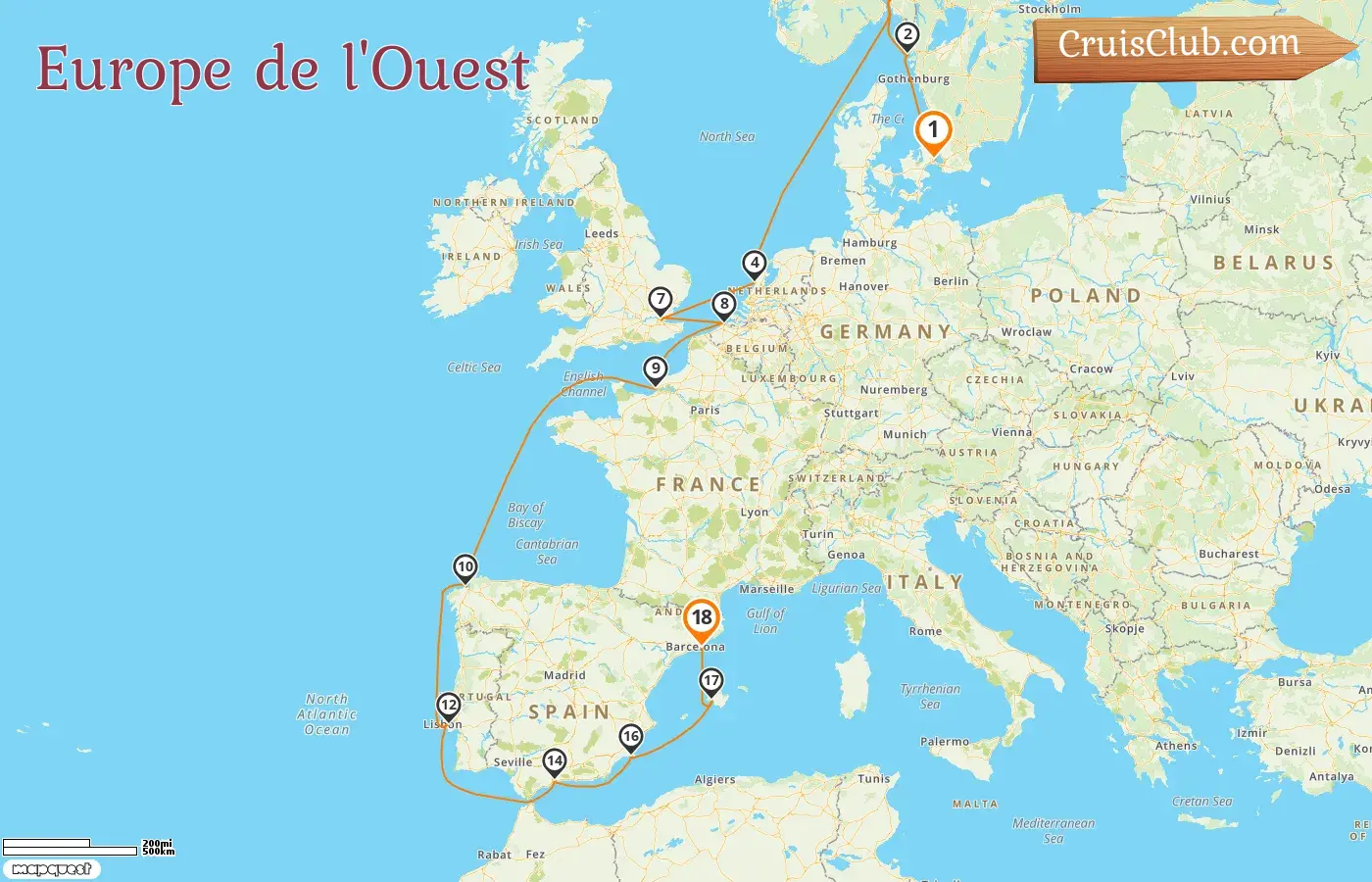 Croisière en Europe de l`Ouest de Copenhague à Barcelone à bord du Seven Seas Voyager avec escales au Danemark, en Suède, en Norvège, aux Pays-Bas, en Belgique, en France et en Espagne pendant 18 jours