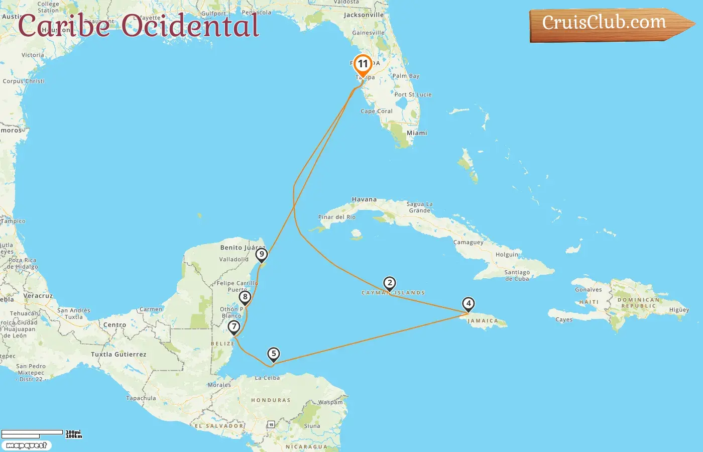 Cruzeiro no Caribe Ocidental a partir de Tampa a bordo do navio Seven Seas Mariner com paradas nos EUA, Ilhas Cayman, Jamaica, Honduras, Belize e México por 11 dias