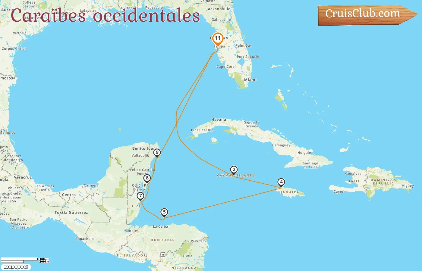 Croisière dans les Caraïbes occidentales au départ de Tampa à bord du Seven Seas Mariner avec escales aux États-Unis, aux îles Caïmans, en Jamaïque, au Honduras, au Belize et au Mexique pendant 11 jours