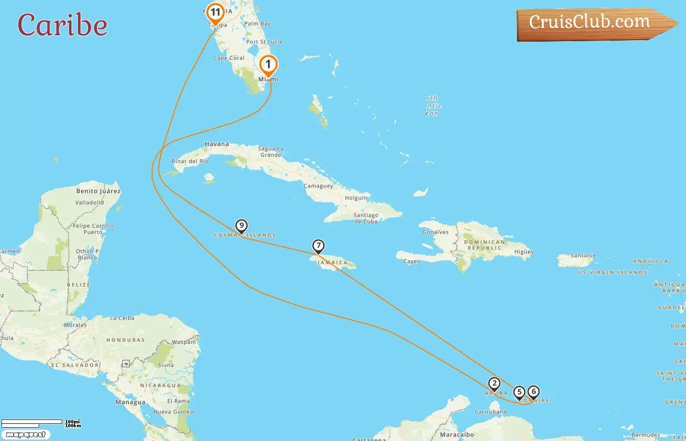Crucero en el Caribe de Miami a Tampa a bordo del barco Seven Seas Mariner con visitas a EE. UU., Aruba, Curazao, Jamaica y las Islas Caimán durante 11 días