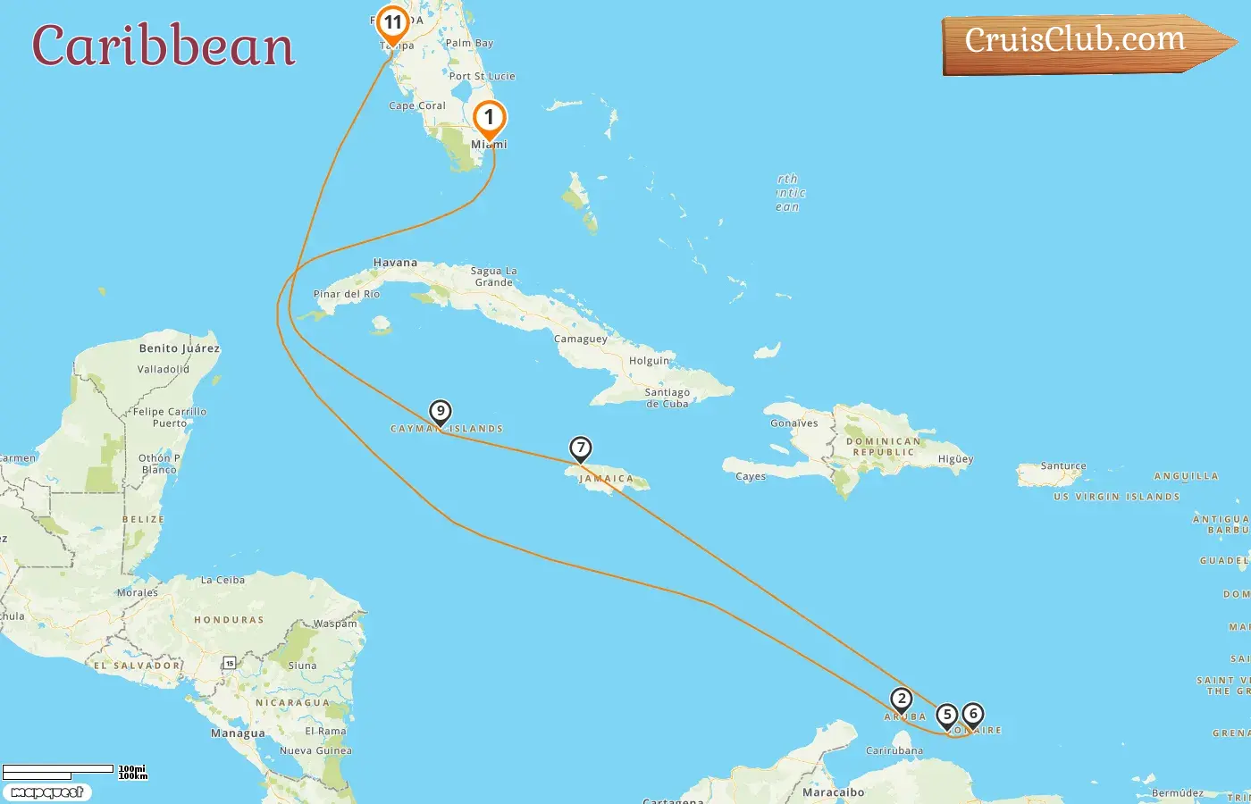 Cruise in the Caribbean from Miami to Tampa aboard Seven Seas Mariner ship with visits to USA, Aruba, Curaçao, Jamaica, and Cayman Islands for 11 days