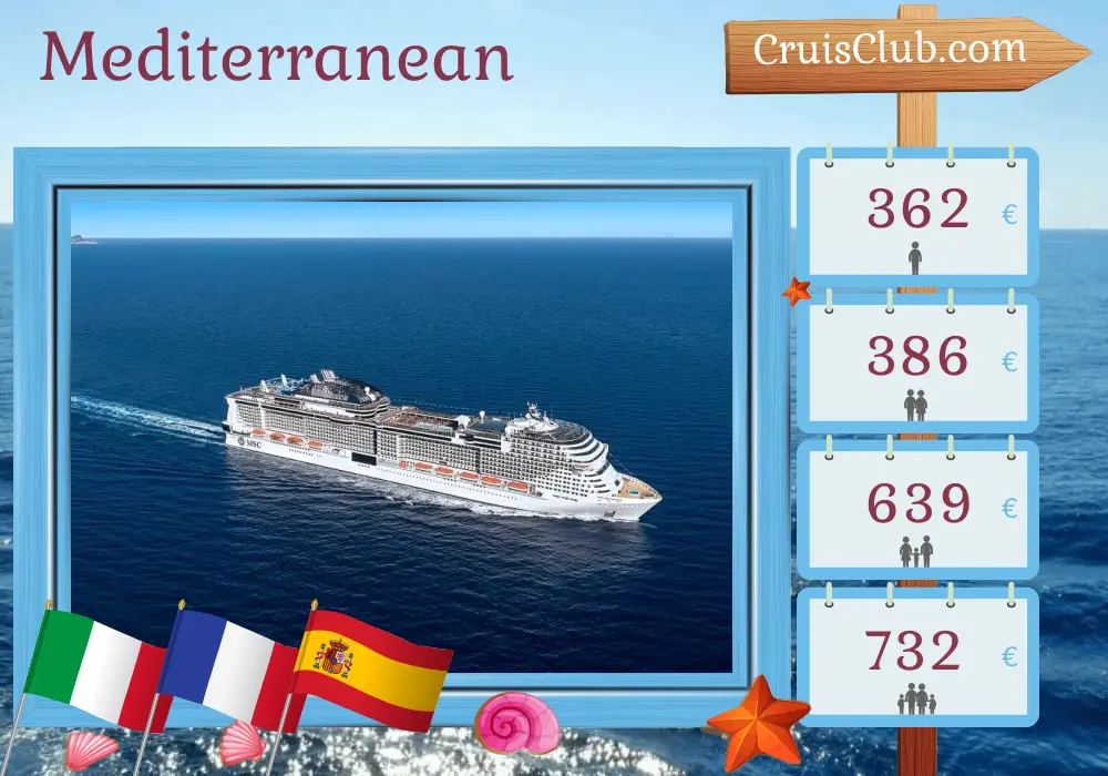 Cruise in the Mediterranean from Genoa to Barcelona aboard MSC Grandiosa ship with visits to Italy, France, and Spain for 3 days