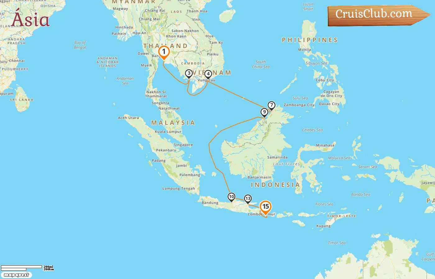 Cruzeiro na Ásia de Laem Chabang para Benoa a bordo do navio Oceania Sirena com visitas à Tailândia, Camboja, Vietnã, Malásia, Brunei Darussalam e Indonésia por 15 dias
