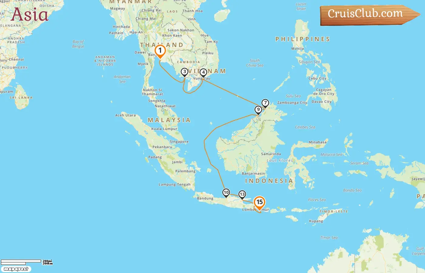 Cruise in the Asia from Laem Chabang to Benoa aboard Oceania Sirena ship with visits to Thailand, Cambodia, Viet Nam, Malaysia, Brunei Darussalam, and Indonesia for 15 days