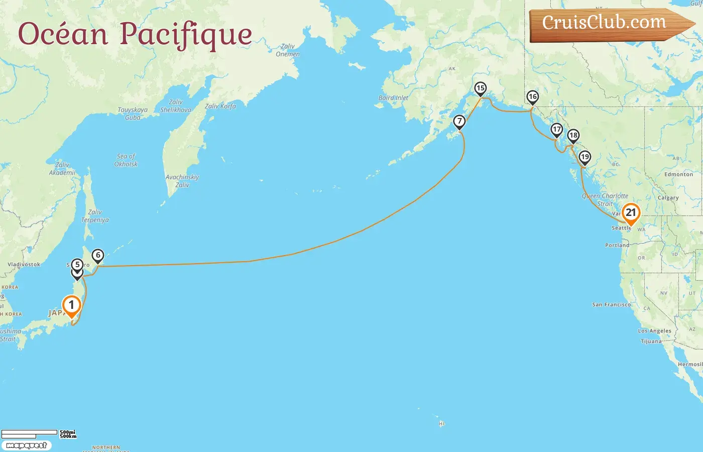 Croisière dans l`océan Pacifique de Tokyo à Seattle à bord du navire Oceania Riviera avec des escales au Japon, aux États-Unis et au Canada pendant 21 jours