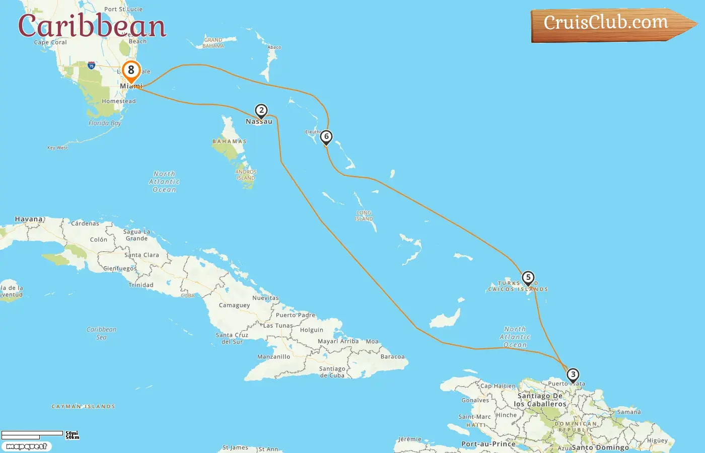 Cruise in the Caribbean from Miami aboard Zuiderdam ship with visits to USA, Bahamas, and Dominican Republic for 8 days