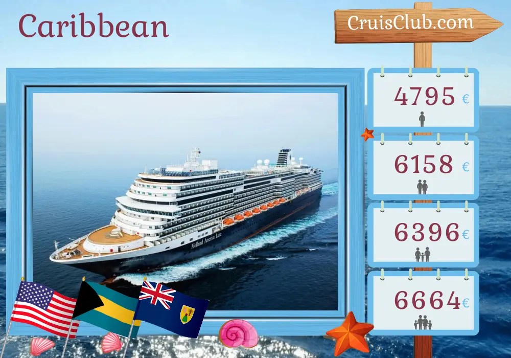 Cruise in the Caribbean from Fort Lauderdale aboard Koningsdam ship with visits to USA, Bahamas, Dominican Republic, and Puerto Rico for 15 days