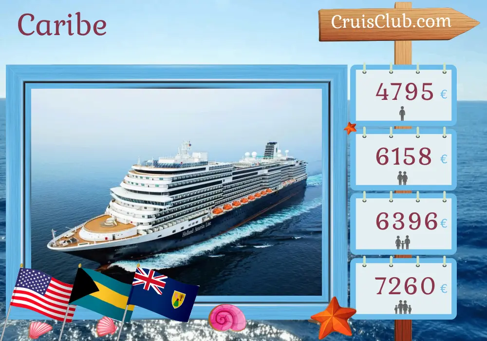 Cruzeiro no Caribe a bordo do navio Koningsdam saindo de Fort Lauderdale com visitas aos EUA, Bahamas, República Dominicana e Porto Rico por 15 dias