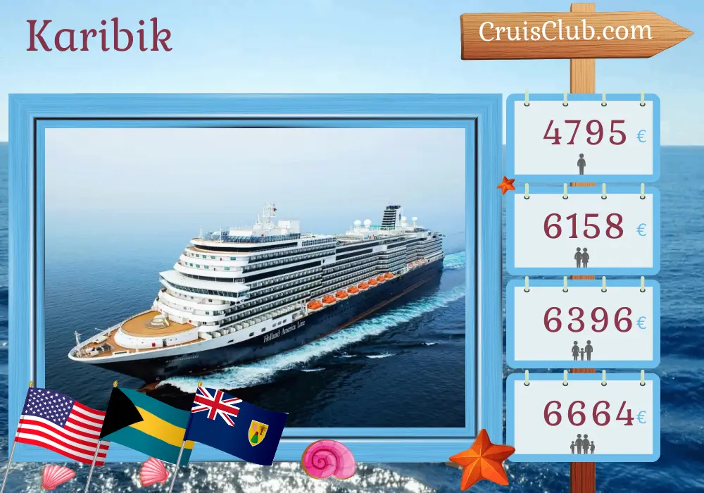 Kreuzfahrt in die Karibik von Fort Lauderdale an Bord des Schiffes Koningsdam mit Stopps in den USA, den Bahamas, der Dominikanischen Republik und Puerto Rico für 15 Tage
