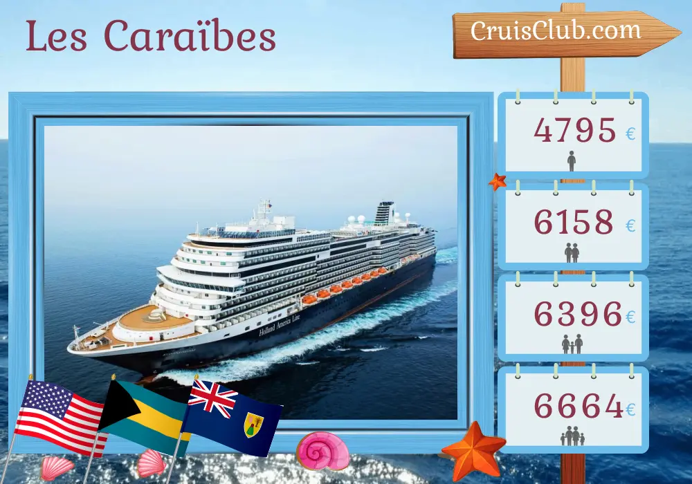 Croisière dans les Caraïbes au départ de Fort Lauderdale à bord du navire Koningsdam avec escales aux États-Unis, aux Bahamas, en République dominicaine et à Porto Rico pendant 15 jours