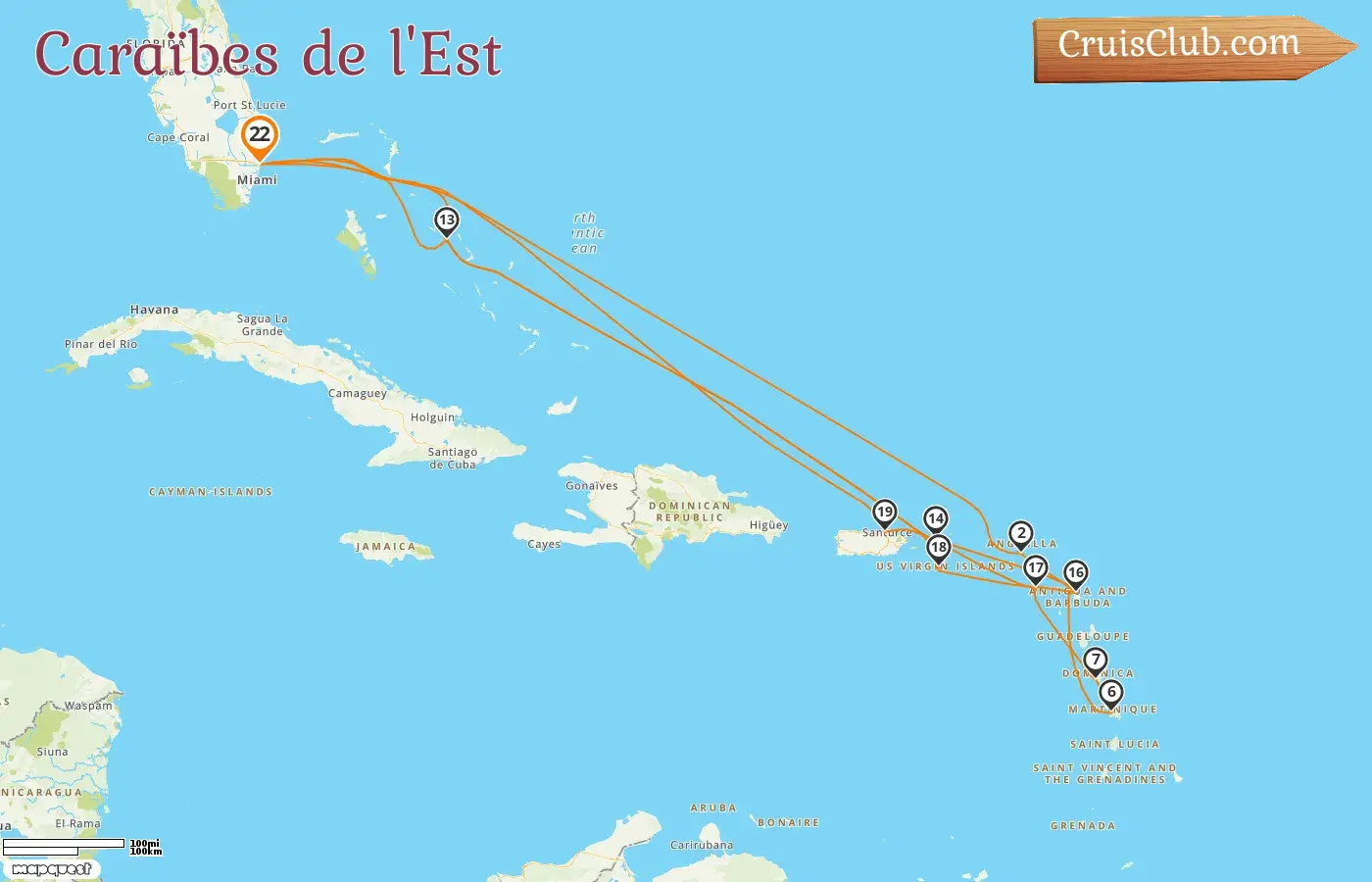 Croisière dans les Caraïbes de l`Est au départ de Fort Lauderdale à bord du navire Koningsdam avec escales aux États-Unis, en Martinique, aux Bahamas et à Porto Rico pendant 22 jours