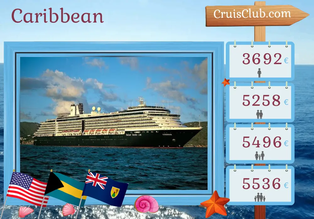Cruise in the Caribbean from Miami aboard Zuiderdam ship with visits to USA, Bahamas, Dominican Republic, and Puerto Rico for 15 days