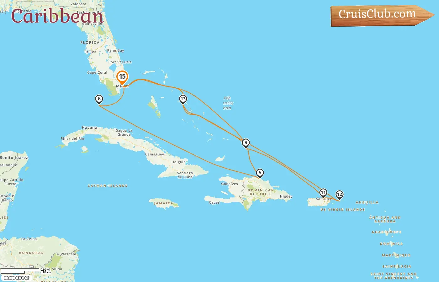 Cruise in the Caribbean from Miami aboard Zuiderdam ship with visits to USA, Bahamas, Dominican Republic, and Puerto Rico for 15 days