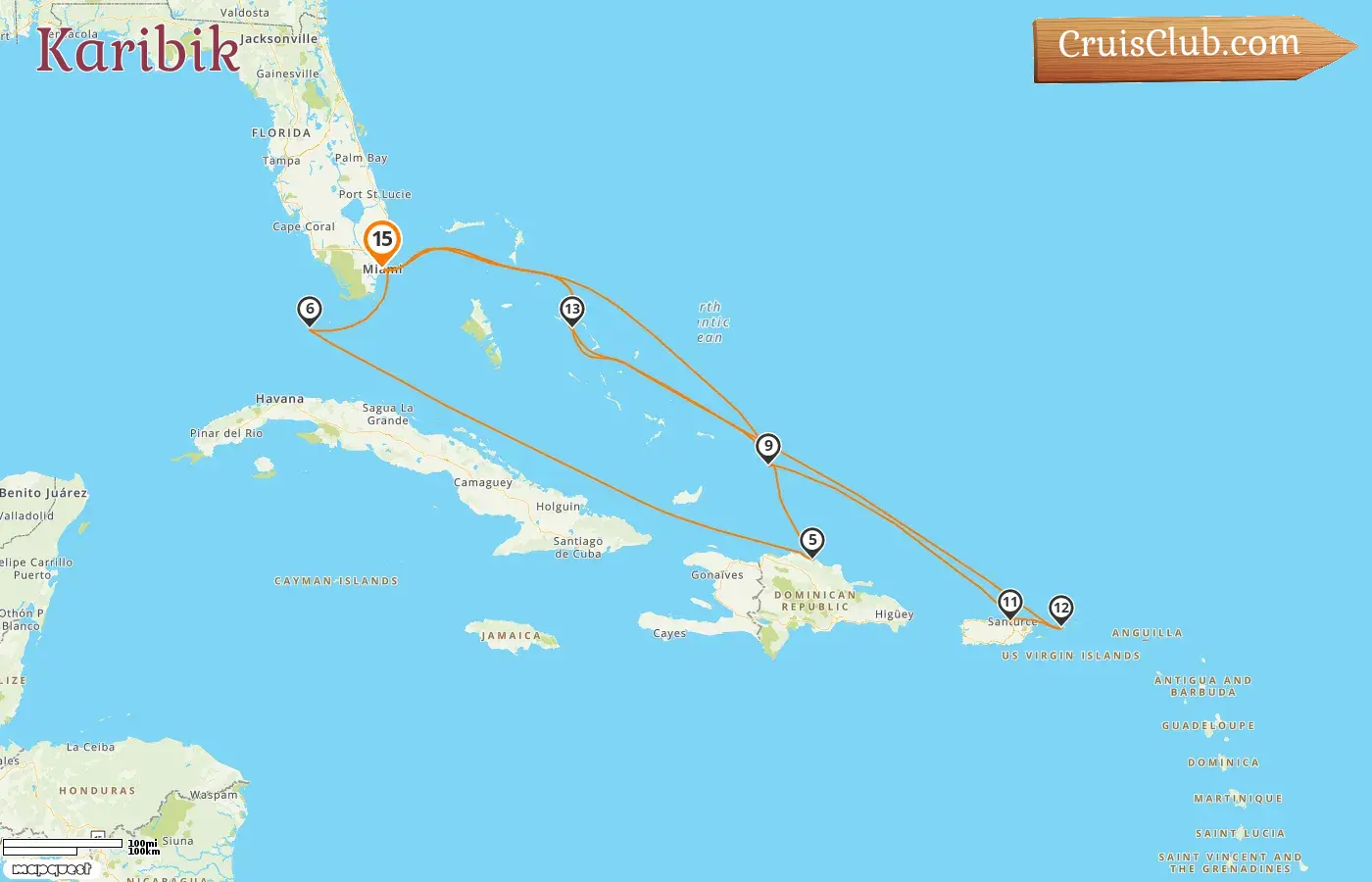 Kreuzfahrt in der Karibik von Miami an Bord des Schiffes Zuiderdam mit Besuchen in den USA, den Bahamas, der Dominikanischen Republik und Puerto Rico für 15 Tage