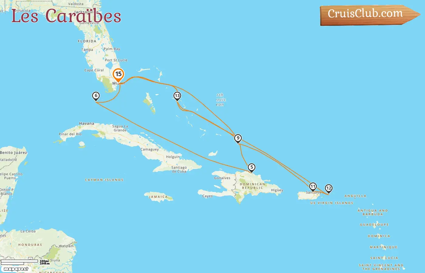 Croisière dans les Caraïbes au départ de Miami à bord du navire Zuiderdam, avec des escales aux États-Unis, aux Bahamas, en République dominicaine et à Porto Rico pendant 15 jours