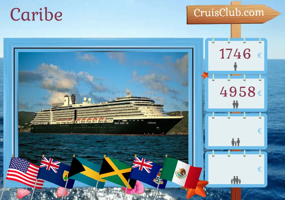 Cruzeiro no Caribe a partir de Miami a bordo do navio Zuiderdam com visitas aos EUA, Porto Rico, Bahamas, Jamaica, Ilhas Cayman e México por 15 dias
