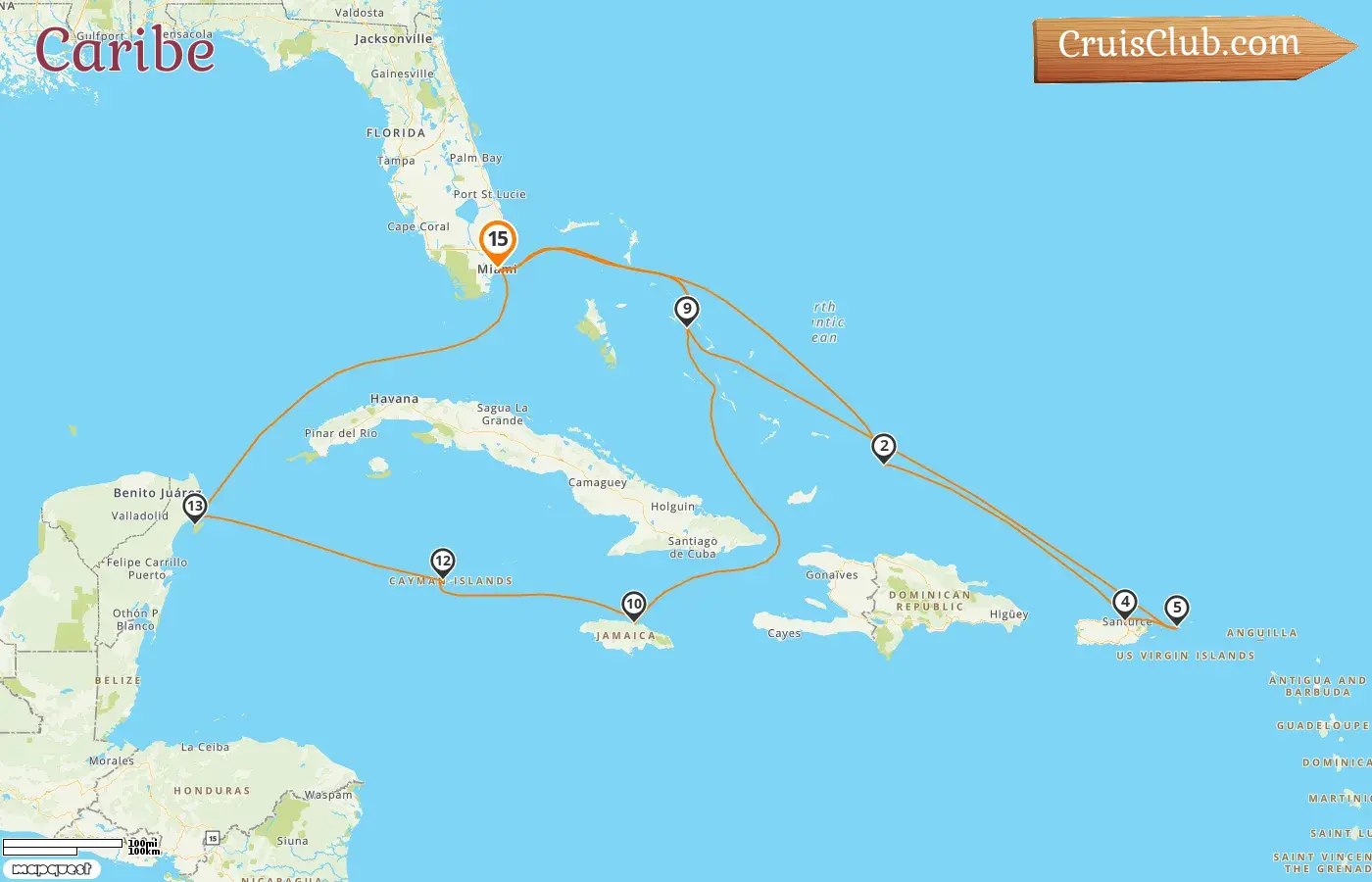 Cruzeiro no Caribe a partir de Miami a bordo do navio Zuiderdam com visitas aos EUA, Porto Rico, Bahamas, Jamaica, Ilhas Cayman e México por 15 dias