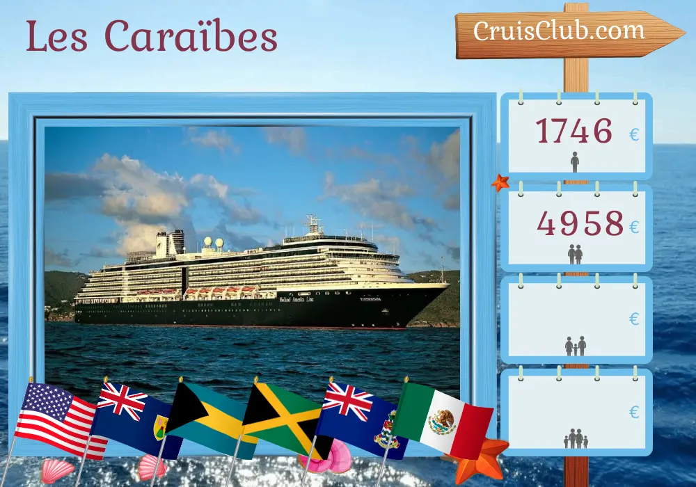 Croisière dans les Caraïbes au départ de Miami à bord du navire Zuiderdam avec escales aux États-Unis, à Porto Rico, aux Bahamas, en Jamaïque, aux îles Caïmans et au Mexique pendant 15 jours